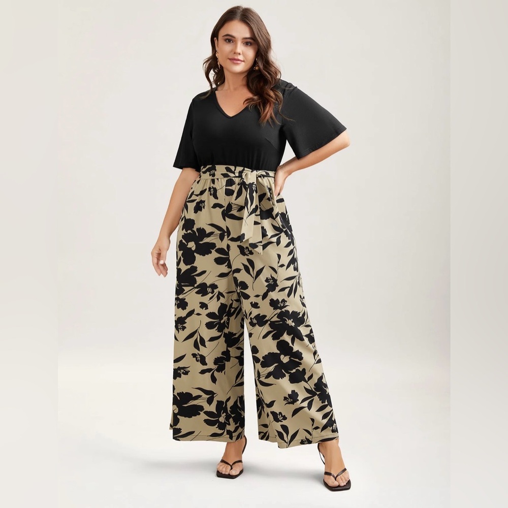 BloomChic Floral Black and Tan Wide-Leg Jumpsuit NWT